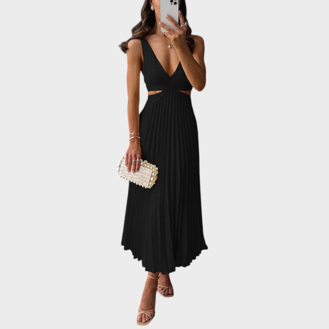 Katarina - Elegantne Kleit V-kaelusega ja Plisseeritud Seelikuosa