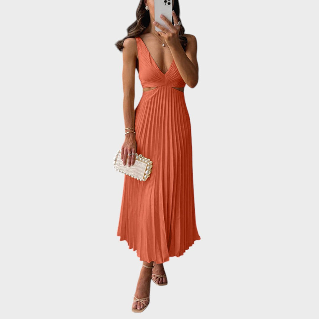 Katarina - Elegantne Kleit V-kaelusega ja Plisseeritud Seelikuosa