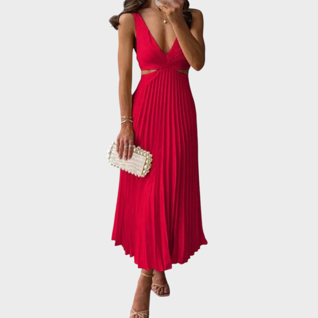 Katarina - Elegantne Kleit V-kaelusega ja Plisseeritud Seelikuosa