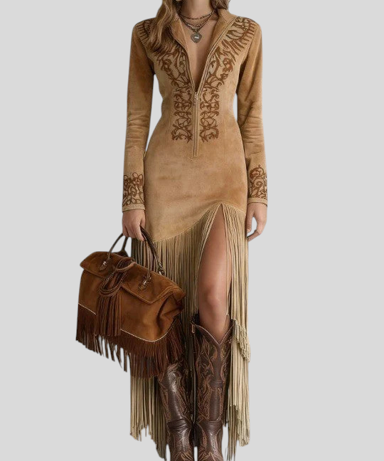 Brigita - Tikitud Maxi Kleit Kunstlikust Suede'ist Poolpatendi Jaoks